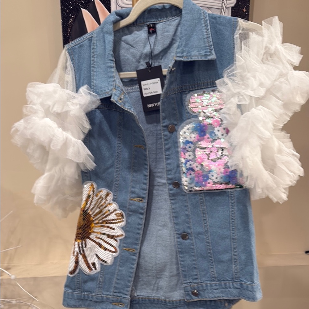Nancy yang Blue Denim Vest with Floral Accents